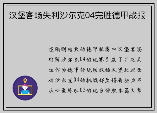 汉堡客场失利沙尔克04完胜德甲战报
