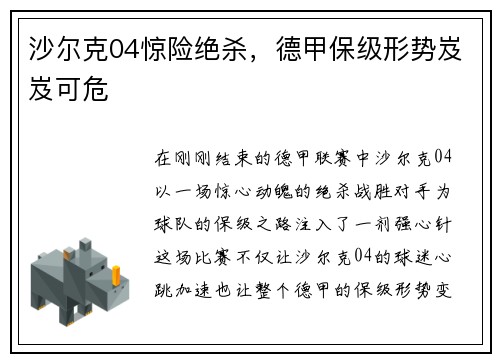 沙尔克04惊险绝杀，德甲保级形势岌岌可危
