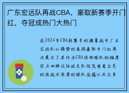 广东宏远队再战CBA，豪取新赛季开门红，夺冠成热门大热门