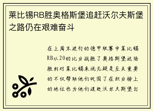 莱比锡RB胜奥格斯堡追赶沃尔夫斯堡之路仍在艰难奋斗