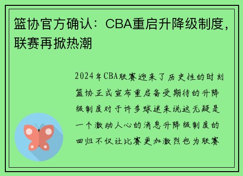 篮协官方确认：CBA重启升降级制度，联赛再掀热潮