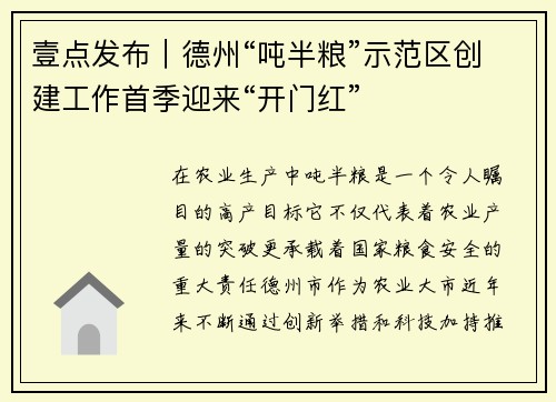 壹点发布｜德州“吨半粮”示范区创建工作首季迎来“开门红”