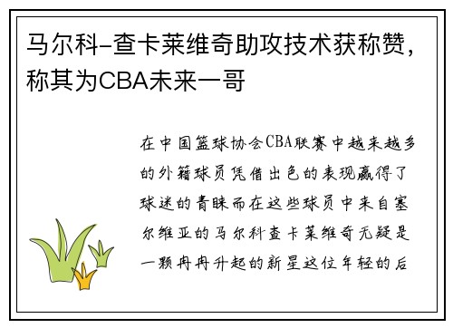 马尔科-查卡莱维奇助攻技术获称赞，称其为CBA未来一哥
