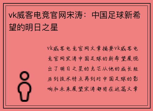 vk威客电竞官网宋涛：中国足球新希望的明日之星