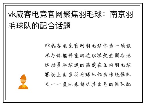 vk威客电竞官网聚焦羽毛球：南京羽毛球队的配合话题