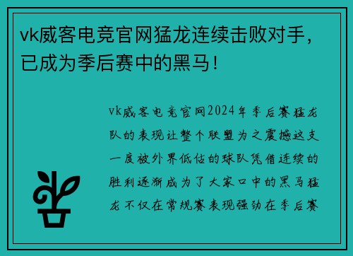 vk威客电竞官网猛龙连续击败对手，已成为季后赛中的黑马！